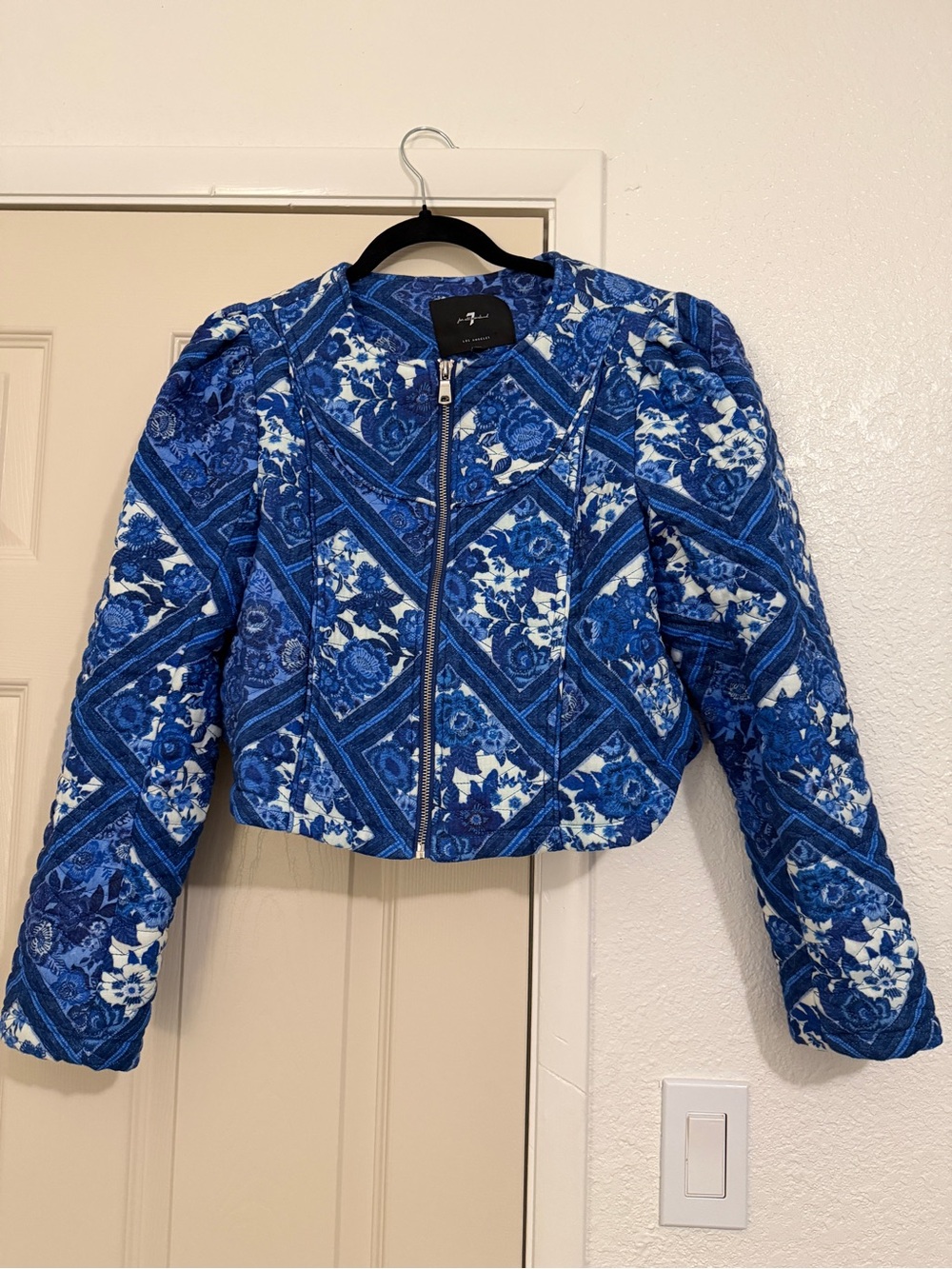 7 For All Mankind Blue Quilted Floral Bomber Jacket